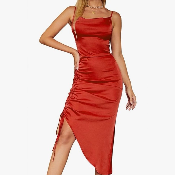 Red Asymmetrical Ruched Sheath Dress small Bodycon Clubwear - Picture 1 of 2